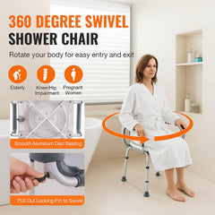 Swivel Shower Chair 360 Degree, Adjustable Shower Seat with Armrests and Backrest for Inside Shower or Bathtub, Non-Slip Rotating Bathtub Chair Seat for Elderly Disabled Injured, 400lbs Capacity