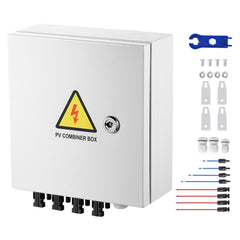 PV Combiner Box, 4 String, Solar Combiner Box with 15A Rated Current Fuse 63A Circuit Breaker Lightning Arrester and Solar Connector, Steel Case for On / Off Grid Solar Panel System, IP65