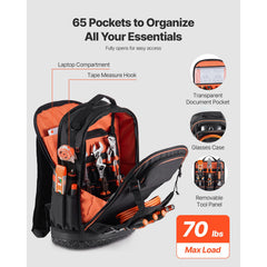 Tool Backpack, 65 Pockets, Heavy-duty Tools Storage Organizer Work Bags with Laptop Compartment & Molded Base, Electrician Jobsite Backpack for Electrician, Repairman, and HVAC Techs