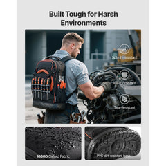 Tool Backpack, 65 Pockets, Heavy-duty Tools Storage Organizer Work Bags with Laptop Compartment & Molded Base, Electrician Jobsite Backpack for Electrician, Repairman, and HVAC Techs