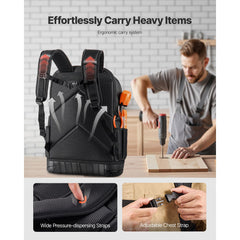 Tool Backpack, 65 Pockets, Heavy-duty Tools Storage Organizer Work Bags with Laptop Compartment & Molded Base, Electrician Jobsite Backpack for Electrician, Repairman, and HVAC Techs