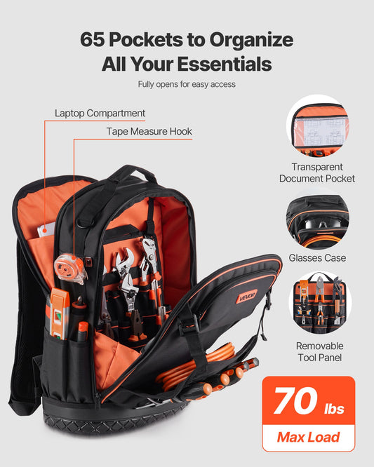 Tool Backpack, 65 Pockets, Heavy-duty Tools Storage Organizer Work Bags with Laptop Compartment & Molded Base, Electrician Jobsite Backpack for Electrician, Repairman, and HVAC Techs