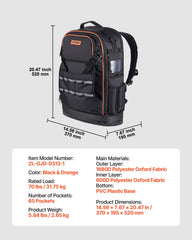 Tool Backpack, 65 Pockets, Heavy-duty Tools Storage Organizer Work Bags with Laptop Compartment & Molded Base, Electrician Jobsite Backpack for Electrician, Repairman, and HVAC Techs