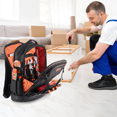 Tool Backpack, 65 Pockets, Heavy-duty Tools Storage Organizer Work Bags with Laptop Compartment & Molded Base, Electrician Jobsite Backpack for Electrician, Repairman, and HVAC Techs
