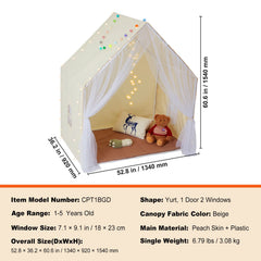 Kids Play Tent, Kids Tent for Kids 1-5 Years Old, Toddler Tent with Mat and Tent Lamp, Tent for Kids with Windows for Indoor and Outdoor, Yurt Tent for Boys and Girls, Beige
