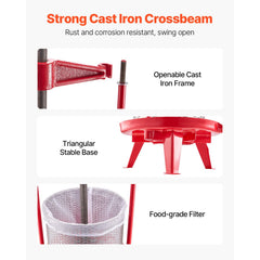 3.69 Gal/14L Fruit Wine Press, Stainless Steel Basket with Cross-beam and Triangular Structure, Manual Juice Maker, Cider Apple Grape Tincture Making Press with T-Handle for Kitchen Home