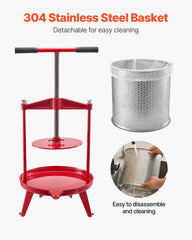 3.69 Gal/14L Fruit Wine Press, Stainless Steel Basket with Cross-beam and Triangular Structure, Manual Juice Maker, Cider Apple Grape Tincture Making Press with T-Handle for Kitchen Home