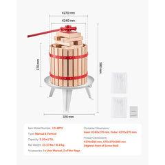 Fruit Wine Press Manual Press for Wine Making 3.2 Gal/12L Wood Basket