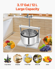 3.17 Gal/12L Fruit Wine Press, 2 Stainless Steel Barrels, Manual Juice Maker, Cider Apple Grape Tincture Honey Olive Oil Making Press with Triangular Handle for Outdoor Kitchen Home
