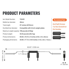 Safety Squat Bar, 318kg Fitness Squat Bar, Safety Squat Bar Attachment with Shoulder and Arm Pads, 28mm Diameter Weight Bar, Ideal for Front Squats, Lunges, Rehab, Physical Therapy