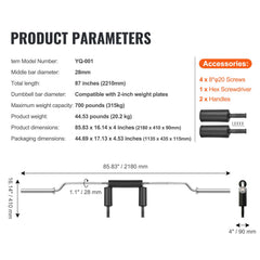 Safety Squat Bar, 318kg Fitness Squat Bar, Safety Squat Bar Attachment with Shoulder and Arm Pads, 28mm Diameter Weight Bar, Ideal for Front Squats, Lunges, Rehab, Physical Therapy