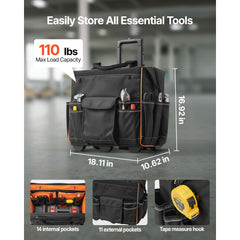 Rolling Tool Bag, 110 lbs Load Capacity, 25 Pockets Heavy Duty Roller Tool Bag with Adjustable Telescoping Handle & Stable Base, Toolbag Organizers with Wheels for Electrician, Construction