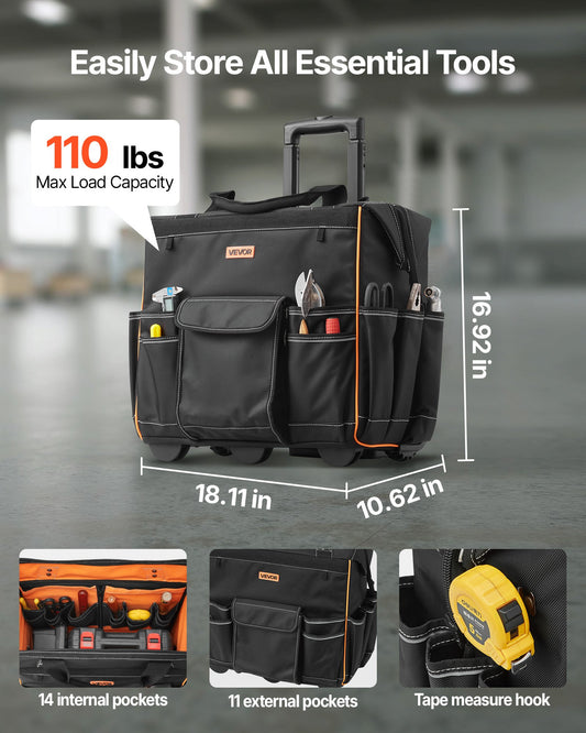 Rolling Tool Bag, 110 lbs Load Capacity, 25 Pockets Heavy Duty Roller Tool Bag with Adjustable Telescoping Handle & Stable Base, Toolbag Organizers with Wheels for Electrician, Construction