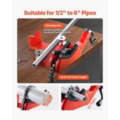 Heavy-Duty Pipe Chain Vise, 1/2" - 8" Pipe Capacity, 34.6" Rugged Chain & Cast Iron Base, Industrial-Grade Pipe Clamping for Plumbing, Automotive Repairs, Metalworking