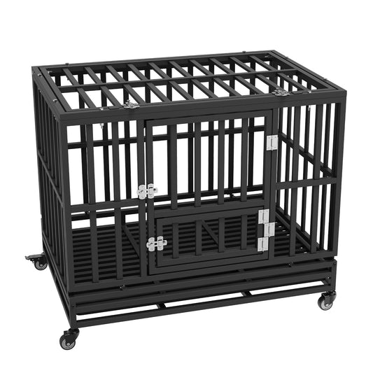Heavy Duty Dog Crate 38 in Metal Dog Kennel with Wheels and Removable Tray