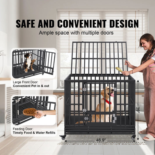 47 Inch Heavy Duty Dog Crate, Indestructible Dog Crate, 3-Door Heavy Duty Dog Kennel for Medium to Large Dogs with Lockable Wheels and Removable Tray, High Anxiety Dog Crate for Indoor & Outdoor