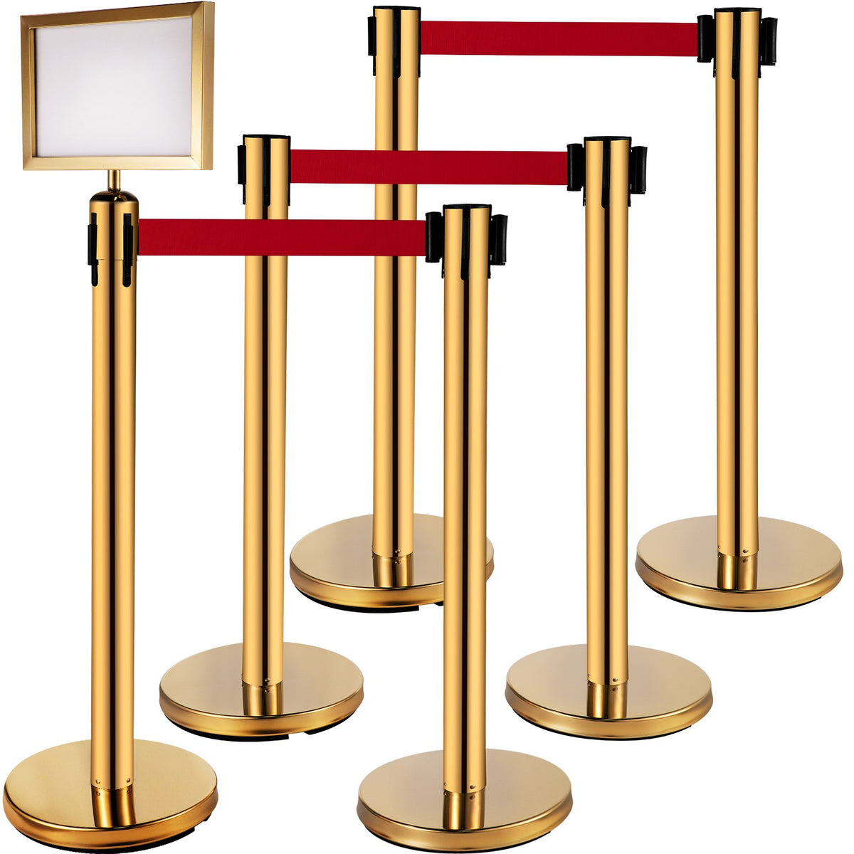 Stanchion Post Barriers 6-Set Line Dividers, Stainless Steel Stanchions with 6.6 Red Retractable Belts, Stanchions with One Sign Frame, 34.6 Queue Safety Stanchions (Gold)