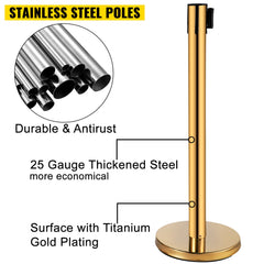 Stanchion Post Barriers 6-Set Line Dividers, Stainless Steel Stanchions with 6.6 Red Retractable Belts, Stanchions with One Sign Frame, 34.6 Queue Safety Stanchions (Gold)