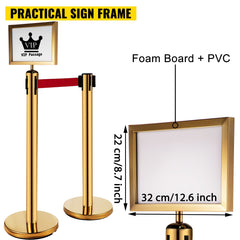 Stanchion Post Barriers 6-Set Line Dividers, Stainless Steel Stanchions with 6.6 Red Retractable Belts, Stanchions with One Sign Frame, 34.6 Queue Safety Stanchions (Gold)