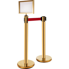 Stanchion Post Barriers 6-Set Line Dividers, Stainless Steel Stanchions with 6.6 Red Retractable Belts, Stanchions with One Sign Frame, 34.6 Queue Safety Stanchions (Gold)