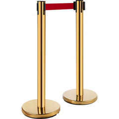 Stanchion Post Barriers 6-Set Line Dividers, Stainless Steel Stanchions with 6.6 Red Retractable Belts, Stanchions with One Sign Frame, 34.6 Queue Safety Stanchions (Gold)