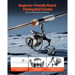 Rod and Fishing Reel Combo, IM6 Fiberglass & Carbon Fiber Spinning Rod and Reel Combo, Bass Fishing Pole with 2m Two-Piece Rods, 6+1 Ball Bearings, Stainless Steel Guides with Ceramic Rings