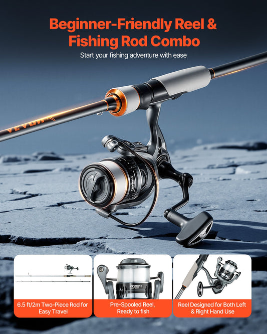 Rod and Fishing Reel Combo, IM6 Fiberglass & Carbon Fiber Spinning Rod and Reel Combo, Bass Fishing Pole with 2m Two-Piece Rods, 6+1 Ball Bearings, Stainless Steel Guides with Ceramic Rings