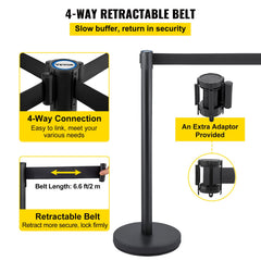 Crowd Control Stanchion, Set of 6 Pieces Stanchion Set, Stanchion Set with 6.6 ft/2 m Black Retractable Belt, Black Crowd Control Barrier with Concrete and Metal Base – Easy Connect Assembly