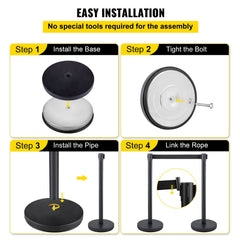 Crowd Control Stanchion, Set of 6 Pieces Stanchion Set, Stanchion Set with 6.6 ft/2 m Black Retractable Belt, Black Crowd Control Barrier with Concrete and Metal Base – Easy Connect Assembly