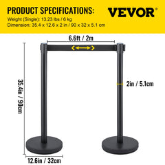 Crowd Control Stanchion, Set of 6 Pieces Stanchion Set, Stanchion Set with 6.6 ft/2 m Black Retractable Belt, Black Crowd Control Barrier with Concrete and Metal Base – Easy Connect Assembly