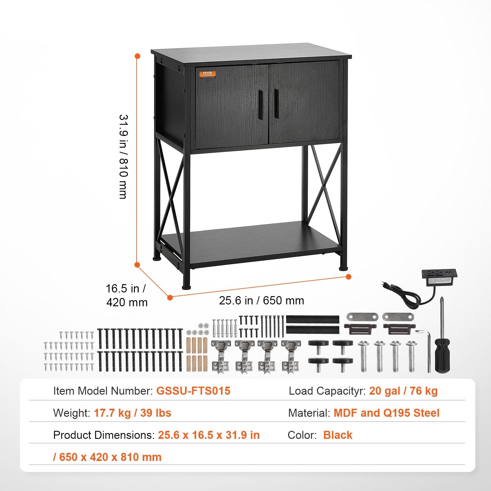 Black metal cabinet with dimensions and assembly parts on a white background, featuring VEVOR branding.