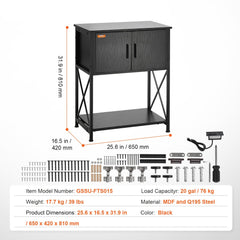Black metal cabinet with dimensions and assembly parts on a white background, featuring VEVOR branding.