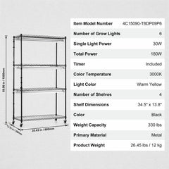 Plant Stand with Grow Lights 4 Tiers 180W 150 cm Tall Plant Grow Shelf
