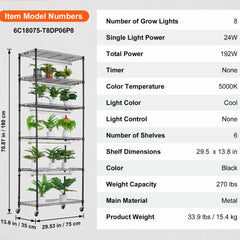 DIY Plant Stand with Grow Lights 6 Tiers 192W 70.9" Tall Plant Grow Shelf