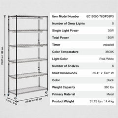 Plant Stand with Grow Light 6 Tiers 180W 180 cm Indoor Plant Grow Shelf