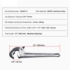Pipe Wrench, 14" Aluminum Straight Pipe Wrench, Automatic Jaw Adjustment, Adjustable Plumbing Wrench, Easy to Carry, Ergonomic Handle, Hangable Design, for Water Pipes, Automotive Repairs