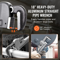 Pipe Wrench, 18" Aluminum Straight Pipe Wrench, Adjustable Plumbing Wrench, with High Strength Jaw and Ergonomic Handle, Easy to Carry, Hangable Design, for Water Pipes, Automotive Repairs