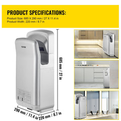 Jet Hand Dryer Blade Hand Dryer Automatic High Speed for Washroom Silver