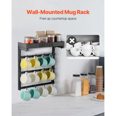Coffee Mug Holder Wall Mounted w/ 12 Movable Hooks and Top Shelf Cup Rack