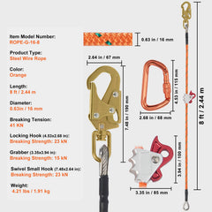 16mm Steel Core Flipline 8ft(2.4m) Arborist Flipline for Fall Protection