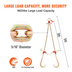 V-Chain Bridle, 4364 kg Working Load Limit, 8 x 914.4 mm G80 Tow Chain with RTJ Cluster Hooks, DOT Certified, Galvanized Coating Manganese Steel & D-Shackle, for Lifting & Moving Activities