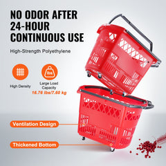 Shopping Baskets, 6PCS, 39L Shopping Carts with Handles, Plastic Rolling Shopping Basket with Wheels, Large Portable Shopping Basket Set for Supermarkets, Retail Stores, Grocery Shopping, Red