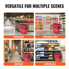 Shopping Baskets, 6PCS, 39L Shopping Carts with Handles, Plastic Rolling Shopping Basket with Wheels, Large Portable Shopping Basket Set for Supermarkets, Retail Stores, Grocery Shopping, Red