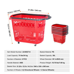 Shopping Baskets, 6PCS, 39L Shopping Carts with Handles, Plastic Rolling Shopping Basket with Wheels, Large Portable Shopping Basket Set for Supermarkets, Retail Stores, Grocery Shopping, Red
