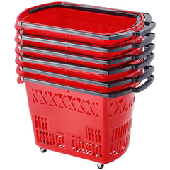 Shopping Baskets, 6PCS, 39L Shopping Carts with Handles, Plastic Rolling Shopping Basket with Wheels, Large Portable Shopping Basket Set for Supermarkets, Retail Stores, Grocery Shopping, Red