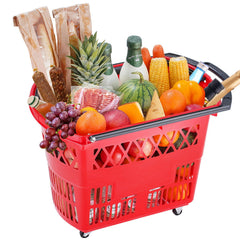 Shopping Baskets, 6PCS, 39L Shopping Carts with Handles, Plastic Rolling Shopping Basket with Wheels, Large Portable Shopping Basket Set for Supermarkets, Retail Stores, Grocery Shopping, Red