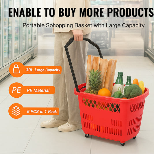 Shopping Baskets, 6PCS, 39L Shopping Carts with Handles, Plastic Rolling Shopping Basket with Wheels, Large Portable Shopping Basket Set for Supermarkets, Retail Stores, Grocery Shopping, Red