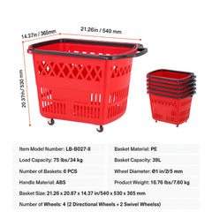 Shopping Baskets, 6PCS, 39L Shopping Carts with Handles, Plastic Rolling Shopping Basket with Wheels, Large Portable Shopping Basket Set for Supermarkets, Retail Stores, Grocery Shopping, Red