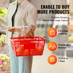 Shopping Basket, Set of 12, 21L Durable Plastic Grocery Basket with Metal Handle and Stand, 425 x 305 x 218 mm Portable Shop Basket Bulk Used for Retail Store Supermarket Grocery Shopping, Red
