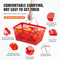 Shopping Basket, Set of 12, 21L Durable Plastic Grocery Basket with Metal Handle and Stand, 425 x 305 x 218 mm Portable Shop Basket Bulk Used for Retail Store Supermarket Grocery Shopping, Red